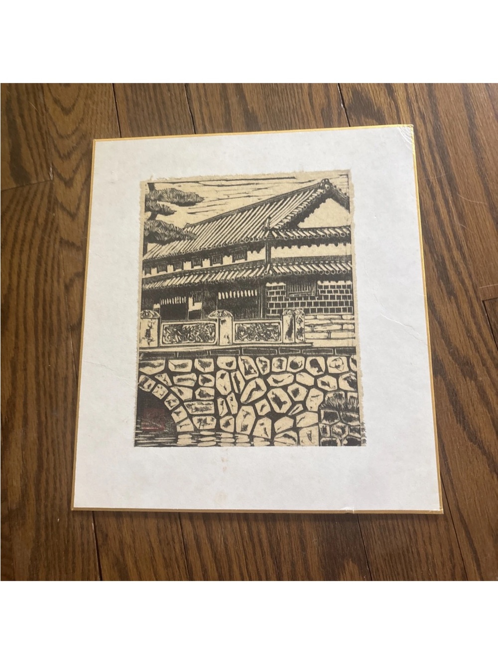 Source Unknown Architectural Woodcut Print in Cream and Black
